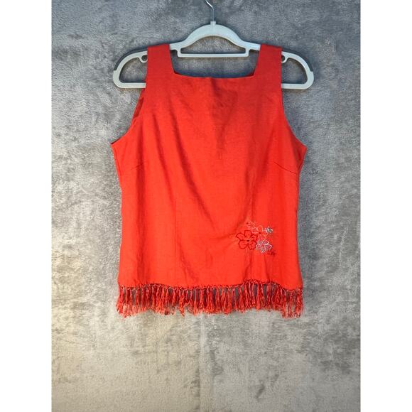 2 Piece Linen Blend Pant Set Size 10 Orange Floral Embroidered Beaded Fringe - Picture 2 of 10